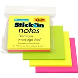 STICKON NOTES 50 SHEETS 76 X 76MM NEON ASSORTED PACK 3
